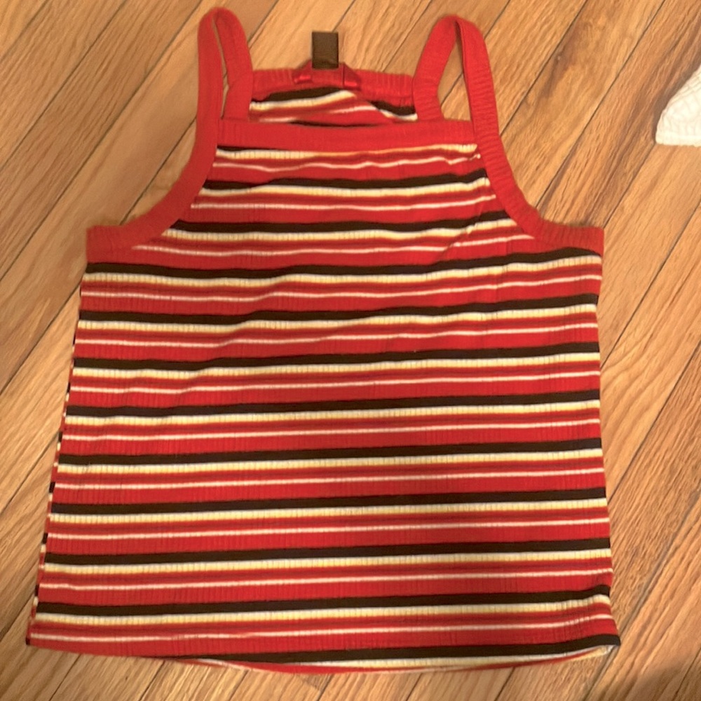 Striped red, black, yellow, cropped tank top